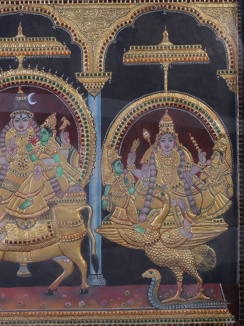 Shiva, Parvati, Ganesha, and Kartikeya on Their Mounts - Shiva Parivaar Tanjore Artwork with Traditional Colours and 24K Gold - Teakwood Frame