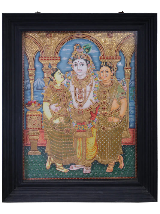 Lord Krishna with Rukmani & Satyabhama | Traditional Colors with 24K Gold | Tanjore Painting with Teakwood Frame