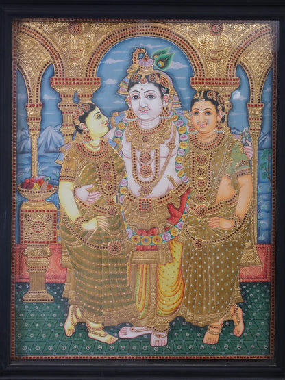 Lord Krishna with Rukmani & Satyabhama | Traditional Colors with 24K Gold | Tanjore Painting with Teakwood Frame