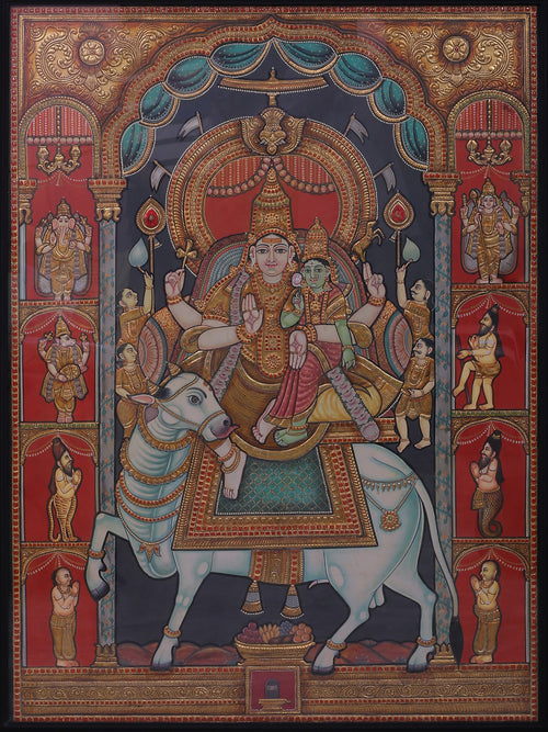 Shiva Parvati On Nandi - Tanjore Painting with Traditional Colours and 24K Gold - Teakwood Frame