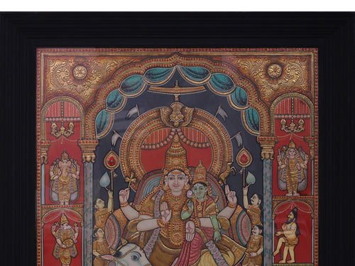 Shiva Parvati On Nandi - Tanjore Painting with Traditional Colours and 24K Gold - Teakwood Frame