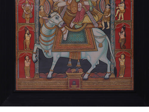 Shiva Parvati On Nandi - Tanjore Painting with Traditional Colours and 24K Gold - Teakwood Frame