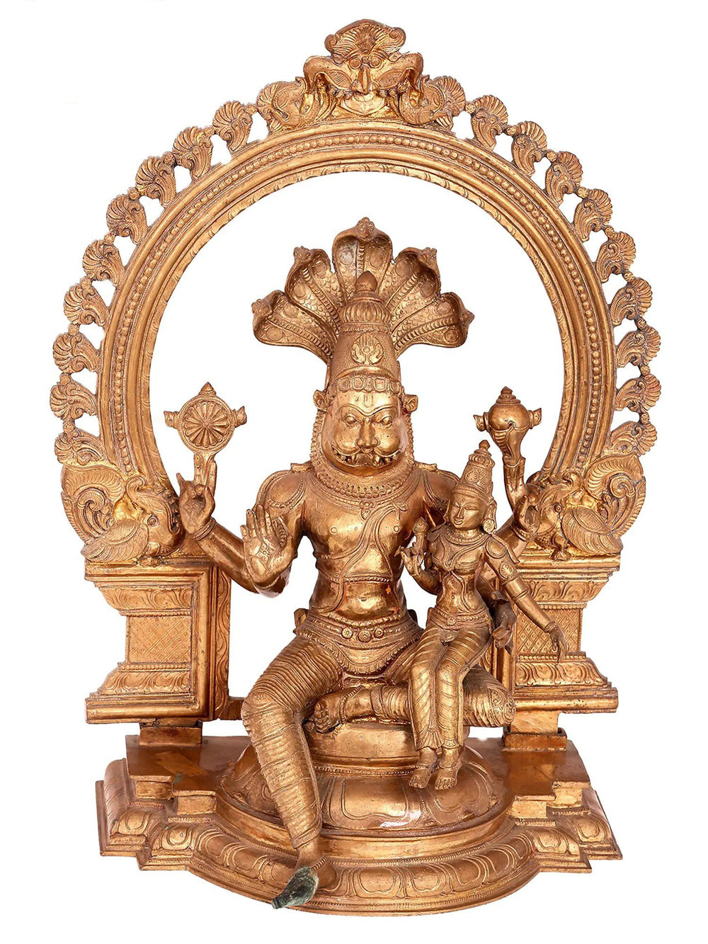 Lakshmi Narasimha on Throne with Kirtimukha Arch in Panchaloha Bronze