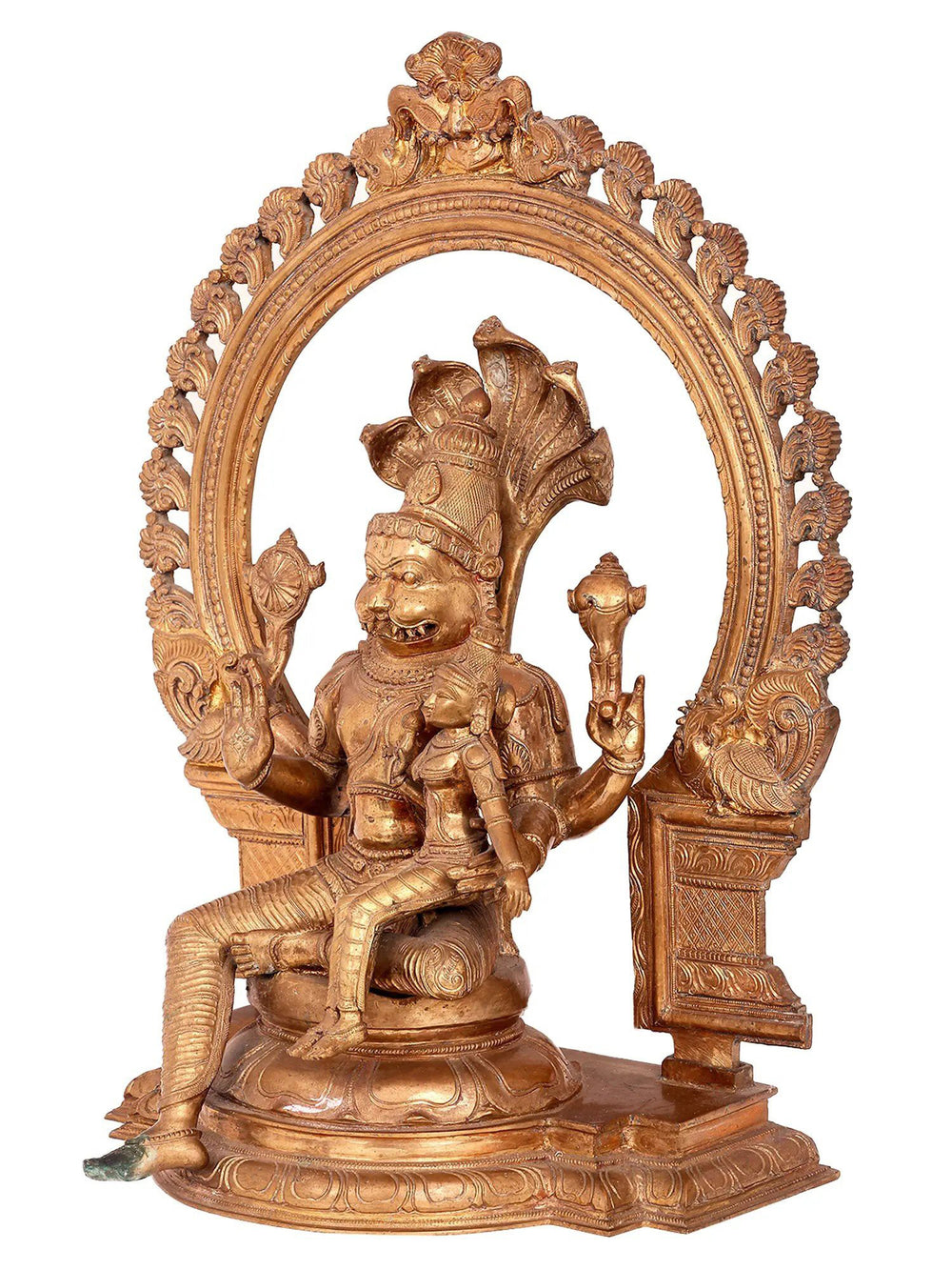 Lakshmi Narasimha on Throne with Kirtimukha Arch in Panchaloha Bronze – Swamimalai, Tamil Nadu
