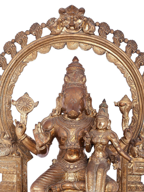 Lakshmi Varaha Seated on Throne with Kirtimukha Prabhavali in Panchaloha Bronze – Swamimalai, Tamil Nadu