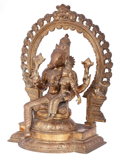 Lakshmi Varaha Seated on Throne with Kirtimukha Prabhavali in Panchaloha Bronze – Swamimalai, Tamil Nadu