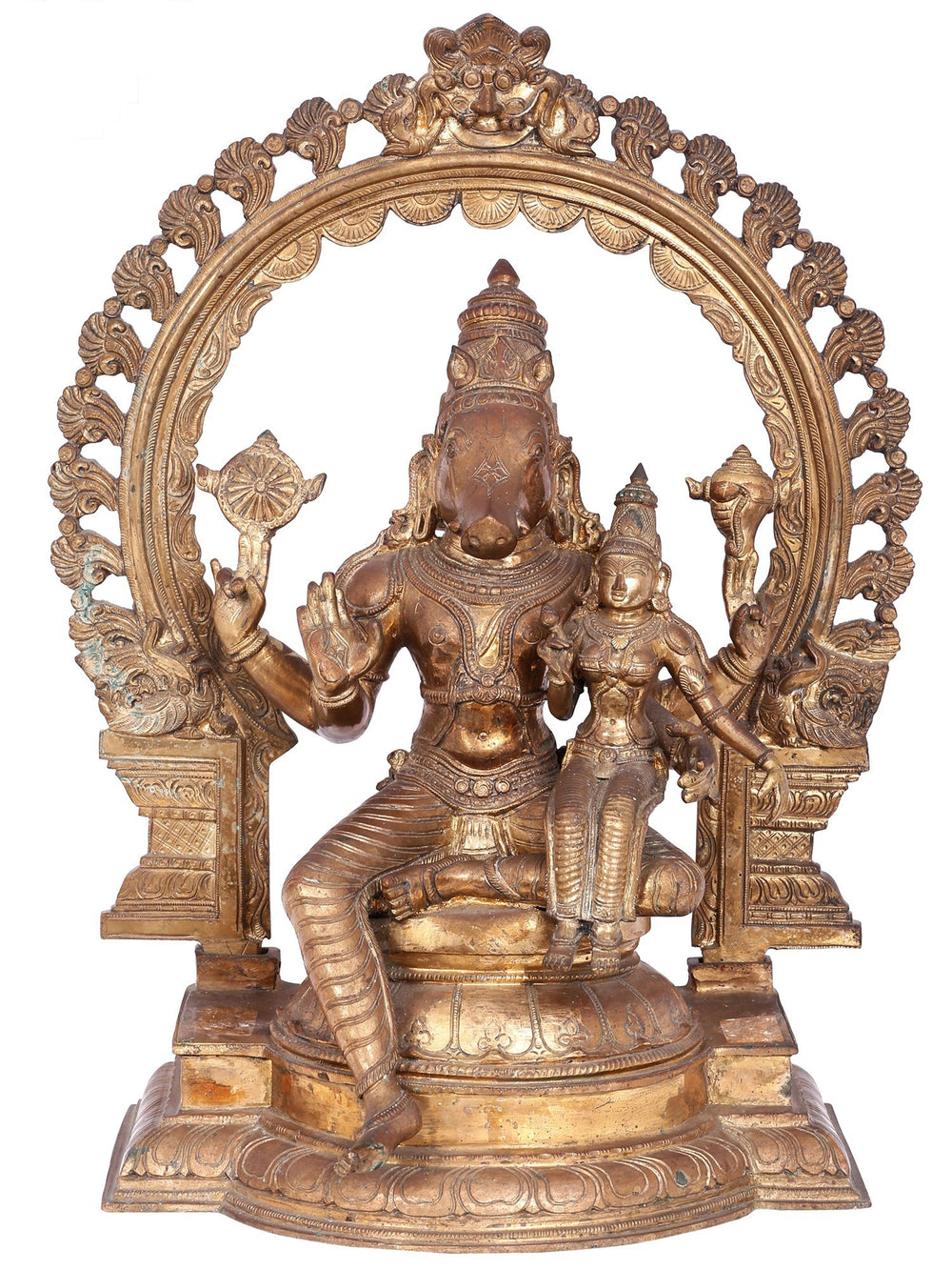 Lakshmi Varaha Seated on Throne with Kirtimukha Prabhavali in Panchaloha Bronze