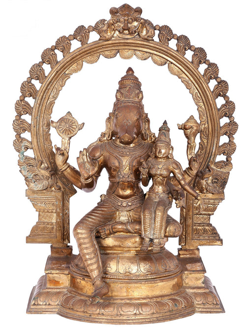 Lakshmi Varaha Seated on Throne with Kirtimukha Prabhavali in Panchaloha Bronze