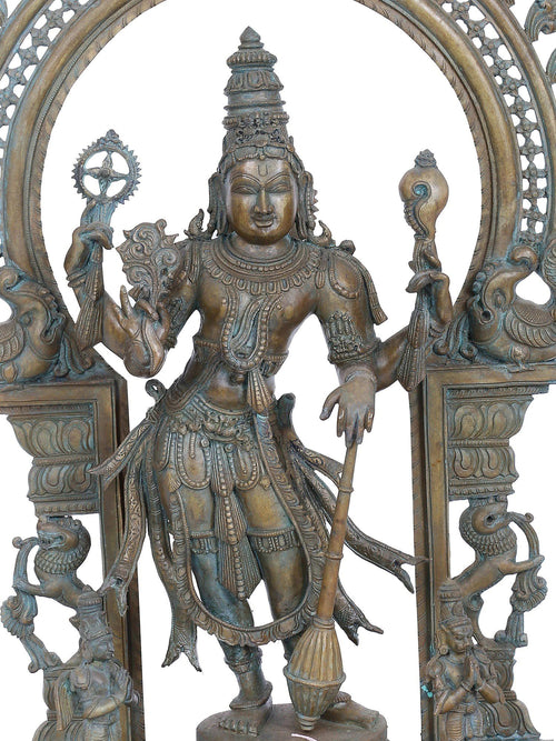 Chaturbhuja Vishnu in Tribhanga under Ornate Prabhavali With Hanuman and Garuda  in Panchaloha Bronze – Swamimalai, Tamil Nadu