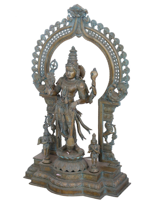 Chaturbhuja Vishnu in Tribhanga under Ornate Prabhavali With Hanuman and Garuda  in Panchaloha Bronze – Swamimalai, Tamil Nadu