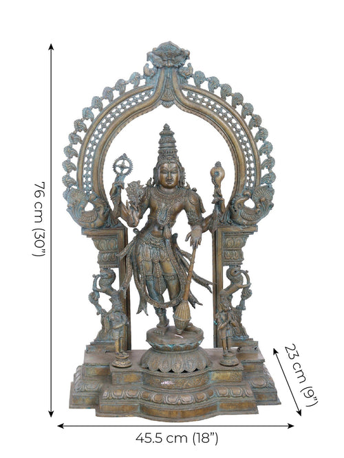 Chaturbhuja Vishnu in Tribhanga under Ornate Prabhavali With Hanuman and Garuda  in Panchaloha Bronze – Swamimalai, Tamil Nadu