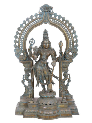Chaturbhuja Vishnu in Tribhanga under Ornate Prabhavali With Hanuman and Garuda  in Panchaloha Bronze