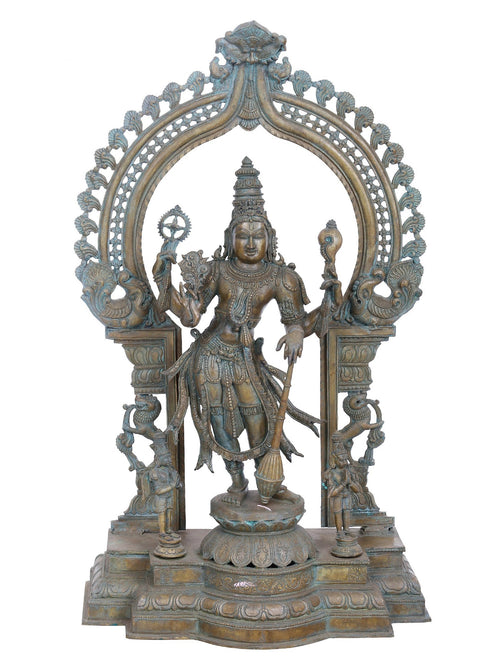 Chaturbhuja Vishnu in Tribhanga under Ornate Prabhavali With Hanuman and Garuda  in Panchaloha Bronze