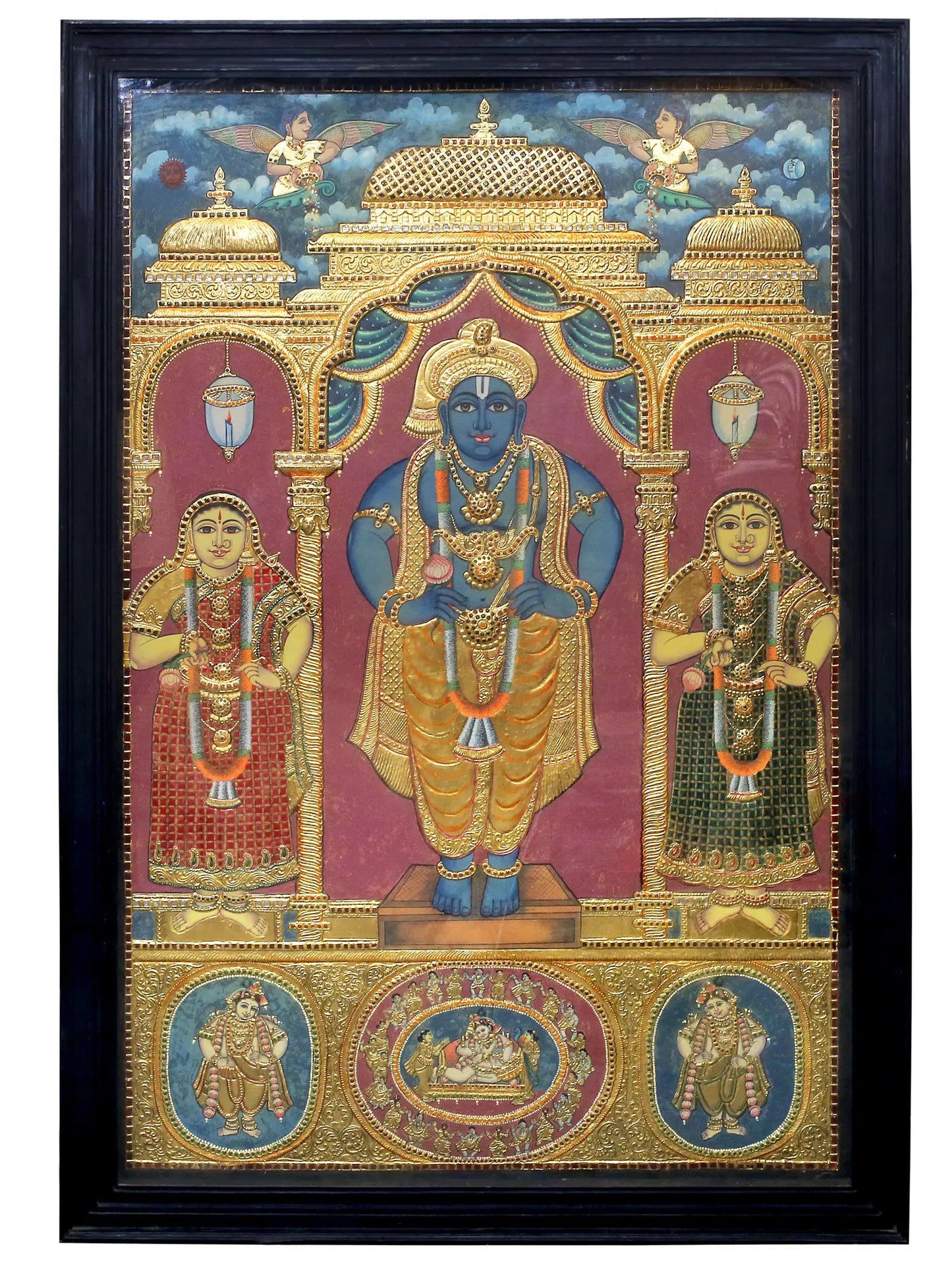 lord Krishna with Rukmini and Satyabhama Tanjore Painting | Traditional Colors With 24K Gold