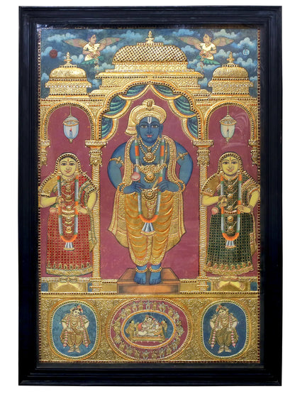lord Krishna with Rukmini and Satyabhama Tanjore Painting | Traditional Colors With 24K Gold