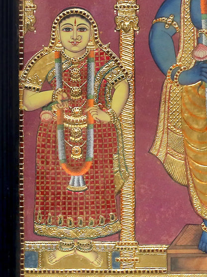 lord Krishna with Rukmini and Satyabhama Tanjore Painting | Traditional Colors With 24K Gold