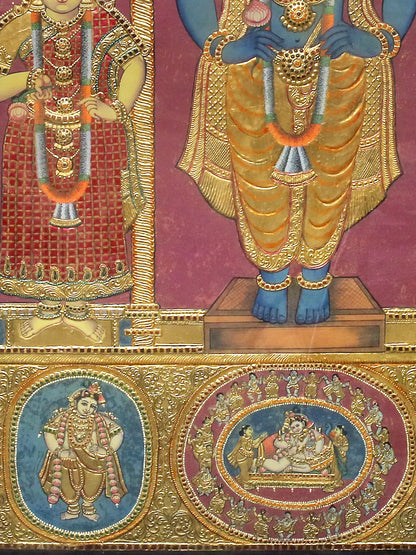 lord Krishna with Rukmini and Satyabhama Tanjore Painting | Traditional Colors With 24K Gold