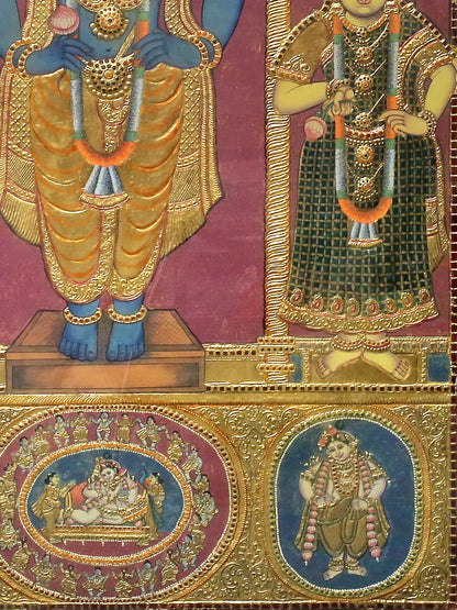 lord Krishna with Rukmini and Satyabhama Tanjore Painting | Traditional Colors With 24K Gold