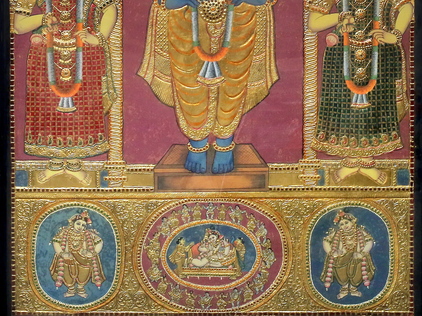 lord Krishna with Rukmini and Satyabhama Tanjore Painting | Traditional Colors With 24K Gold