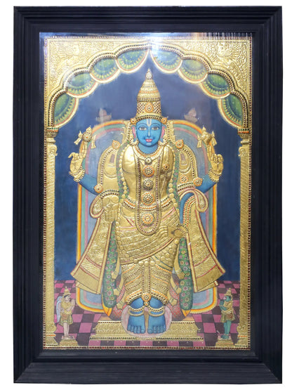 Four Armed Lord Vishnu in Standing Posture | Traditional Colors With 24K Gold | Handmade Tanjore Painting