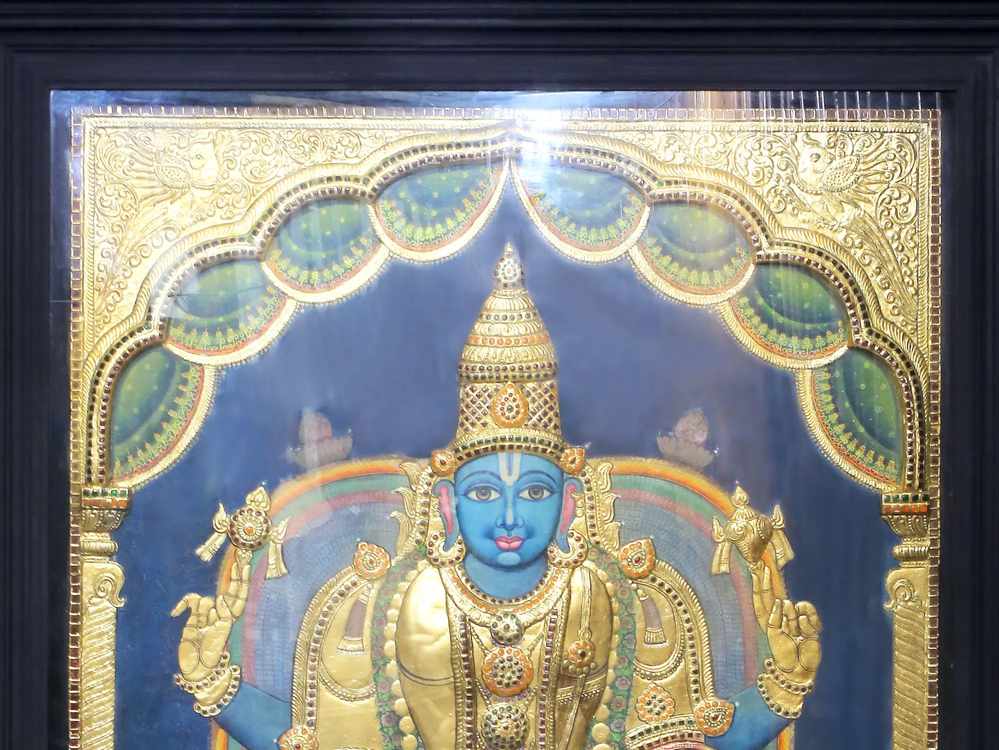 Four Armed Lord Vishnu in Standing Posture | Traditional Colors With 24K Gold | Handmade Tanjore Painting