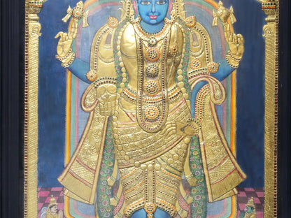 Four Armed Lord Vishnu in Standing Posture | Traditional Colors With 24K Gold | Handmade Tanjore Painting