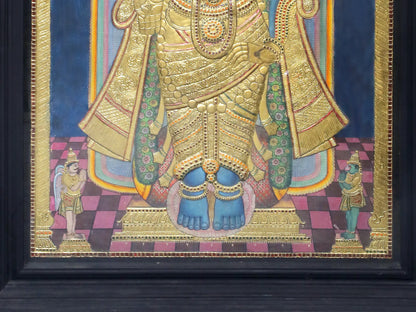 Four Armed Lord Vishnu in Standing Posture | Traditional Colors With 24K Gold | Handmade Tanjore Painting