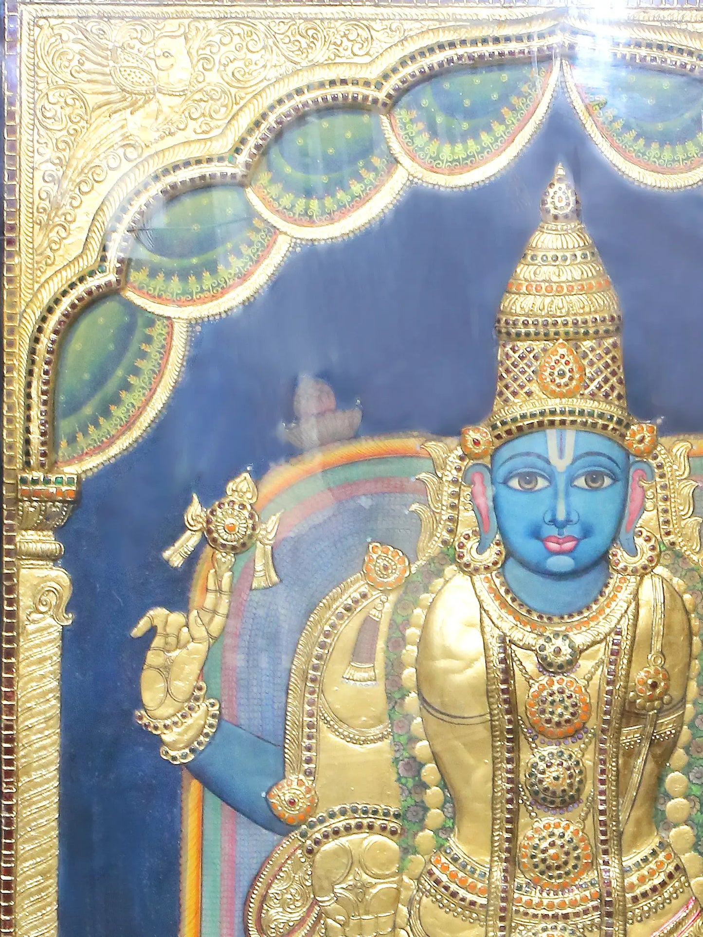 Four Armed Lord Vishnu in Standing Posture | Traditional Colors With 24K Gold | Handmade Tanjore Painting