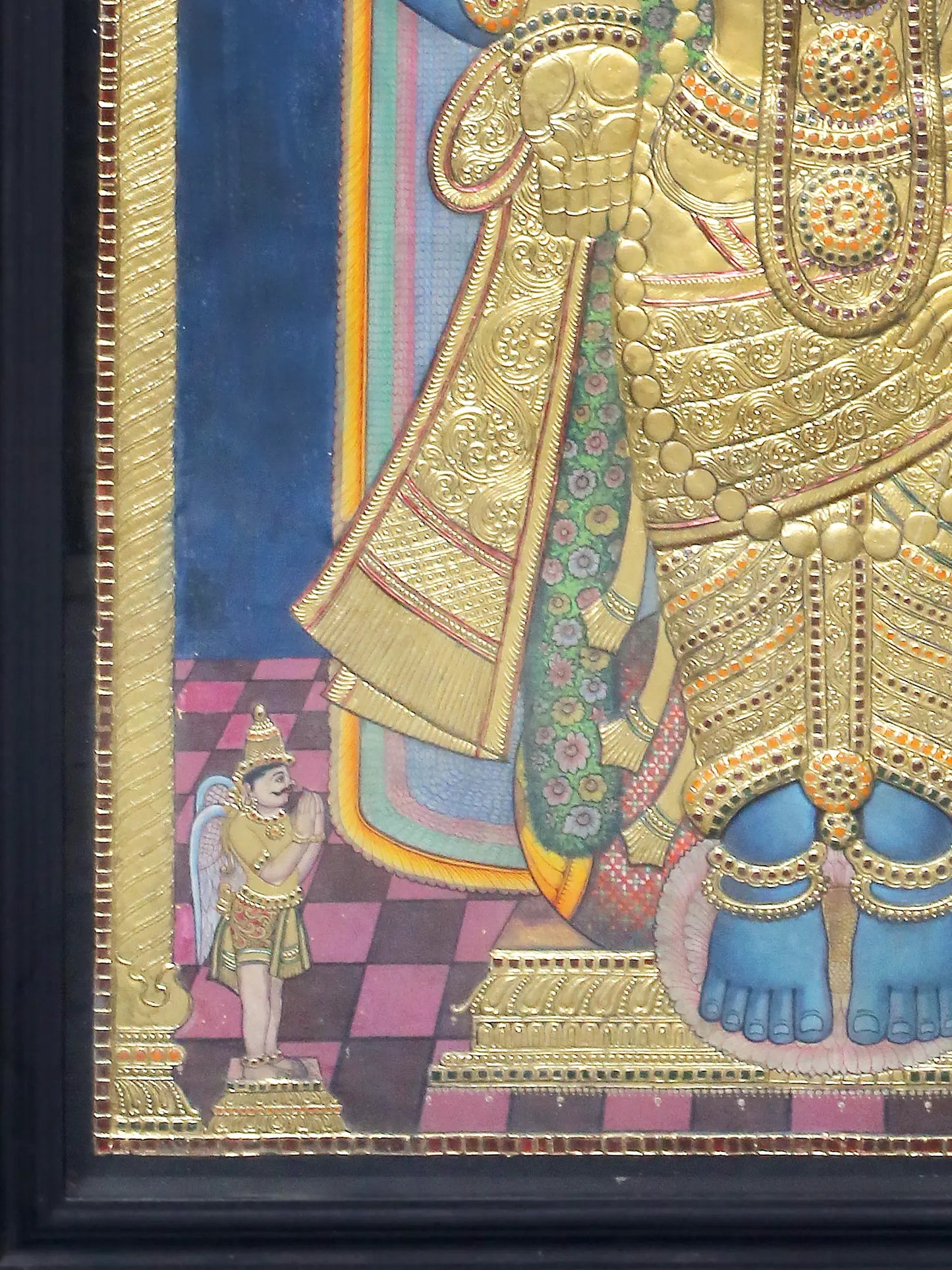 Four Armed Lord Vishnu in Standing Posture | Traditional Colors With 24K Gold | Handmade Tanjore Painting
