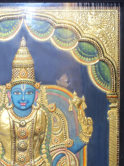 Four Armed Lord Vishnu in Standing Posture | Traditional Colors With 24K Gold | Handmade Tanjore Painting