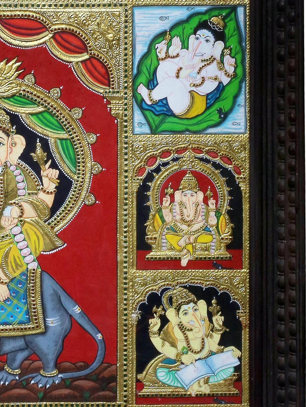 Ganesha in Various Manifestations - Tanjore Artwork with Traditional Colours and 24K Gold