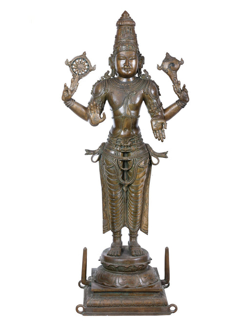 Standing Vishnu with Chakra Shankha on Two Tiered Pedestal in Panchaloha Bronze