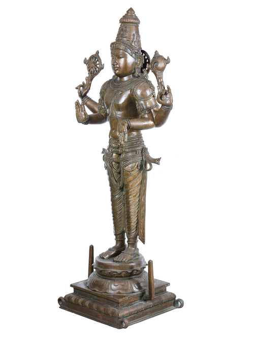 Standing Vishnu with Chakra Shankha on Two Tiered Pedestal in Panchaloha Bronze – Swamimalai