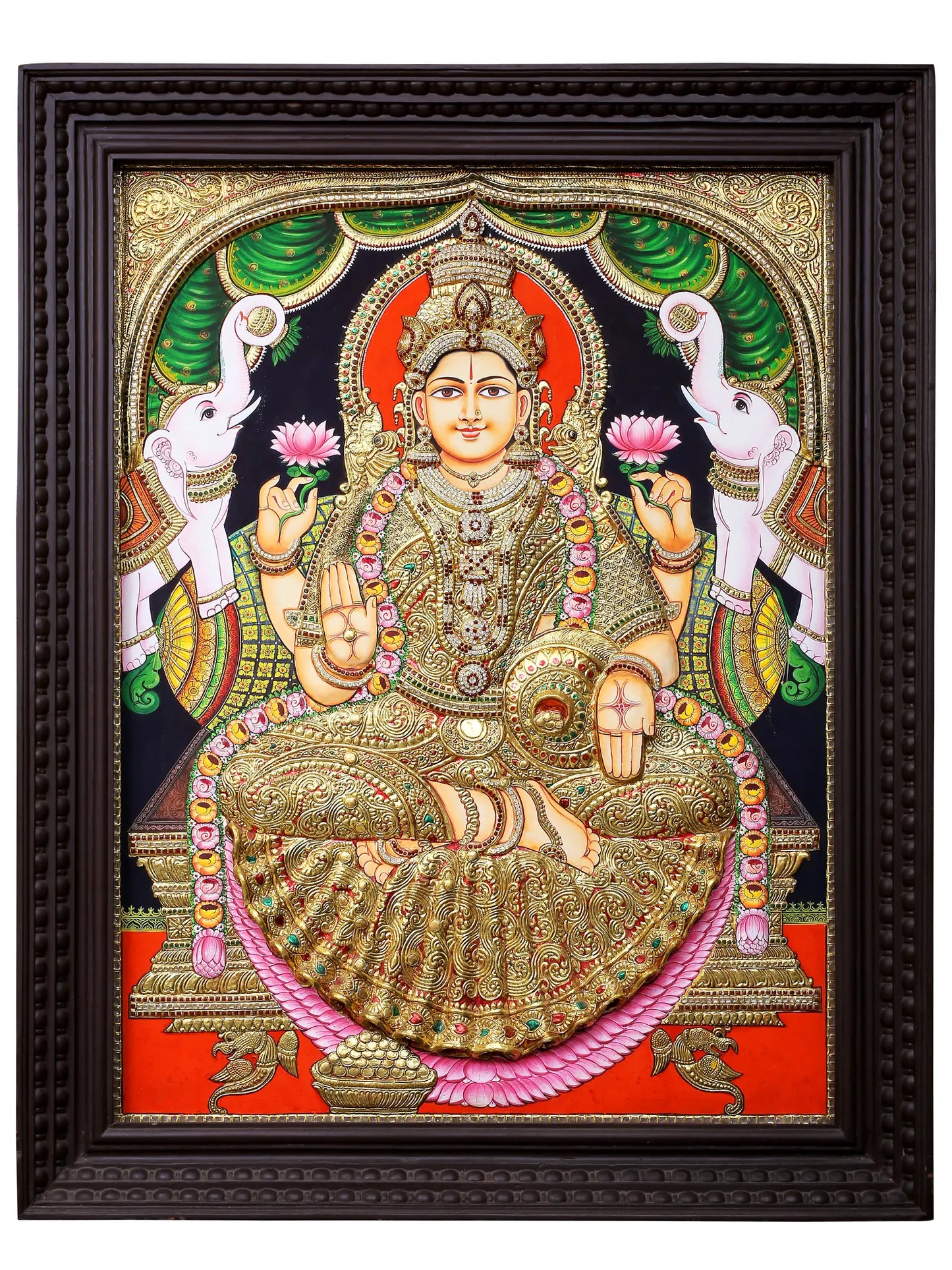 Tanjore Painting of Devi Gajalakshmi | Traditional Colors with 24K Gold | Handmade Embossed Tanjore Painting