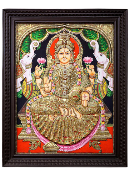Tanjore Painting of Devi Gajalakshmi | Traditional Colors with 24K Gold | Handmade Embossed Tanjore Painting