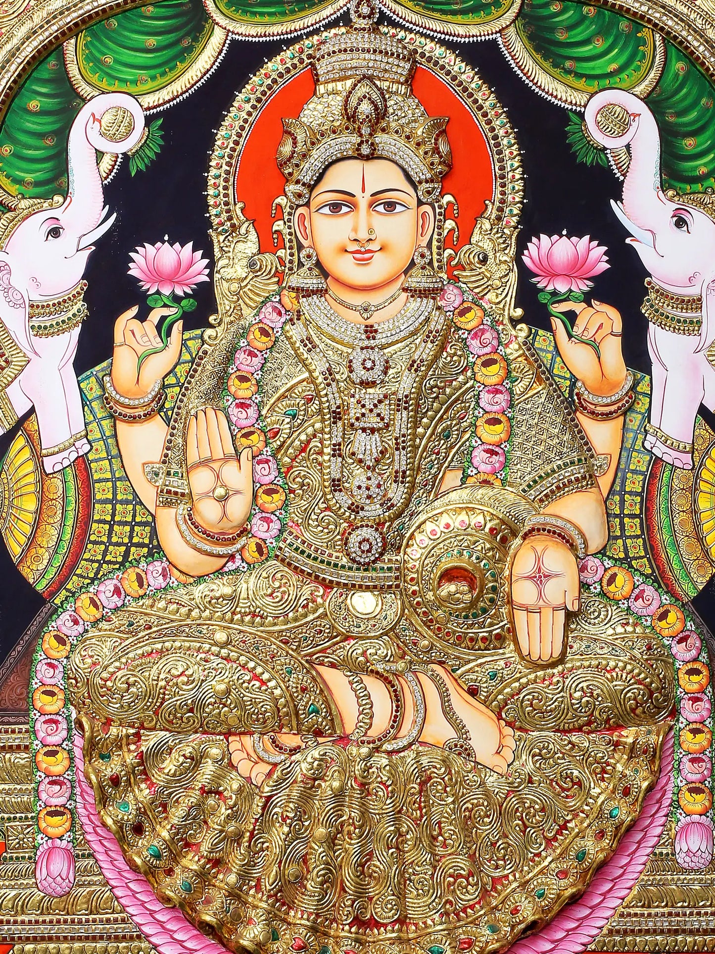Tanjore Painting of Devi Gajalakshmi | Traditional Colors with 24K Gold | Handmade Embossed Tanjore Painting
