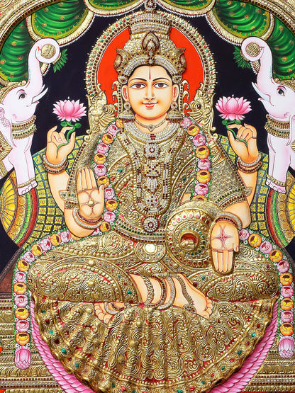 Tanjore Painting of Devi Gajalakshmi | Traditional Colors with 24K Gold | Handmade Embossed Tanjore Painting