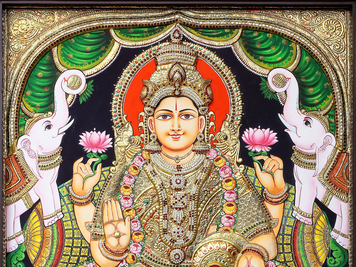 Tanjore Painting of Devi Gajalakshmi | Traditional Colors with 24K Gold | Handmade Embossed Tanjore Painting