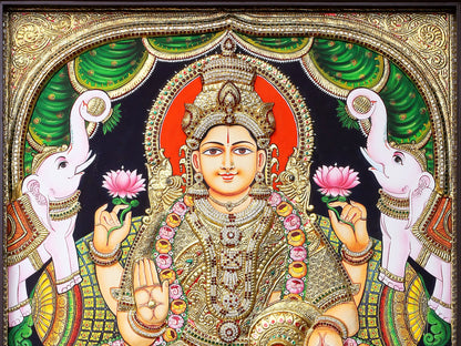 Tanjore Painting of Devi Gajalakshmi | Traditional Colors with 24K Gold | Handmade Embossed Tanjore Painting