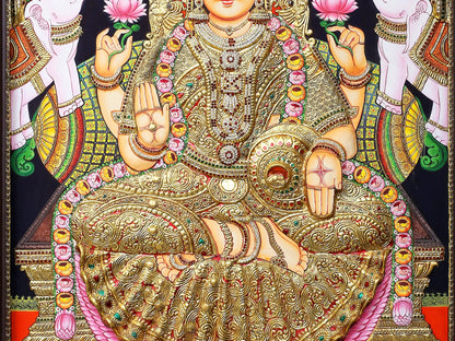 Tanjore Painting of Devi Gajalakshmi | Traditional Colors with 24K Gold | Handmade Embossed Tanjore Painting
