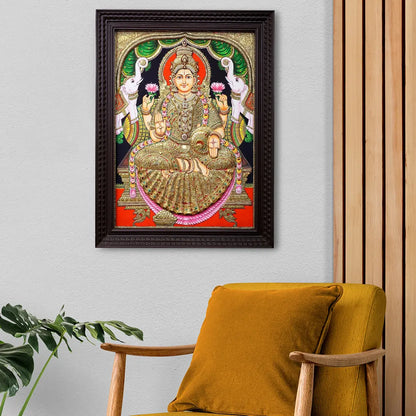 Tanjore Painting of Devi Gajalakshmi | Traditional Colors with 24K Gold | Handmade Embossed Tanjore Painting