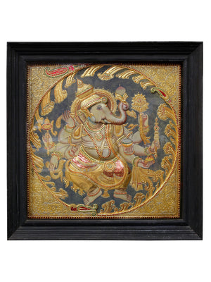 Dancing Lord Ganesha Tanjore Painting 24K Gold Work