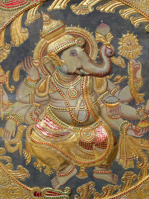 Dancing Lord Ganesha Tanjore Painting with Hand-applied 24K Gold and Traditional Colours