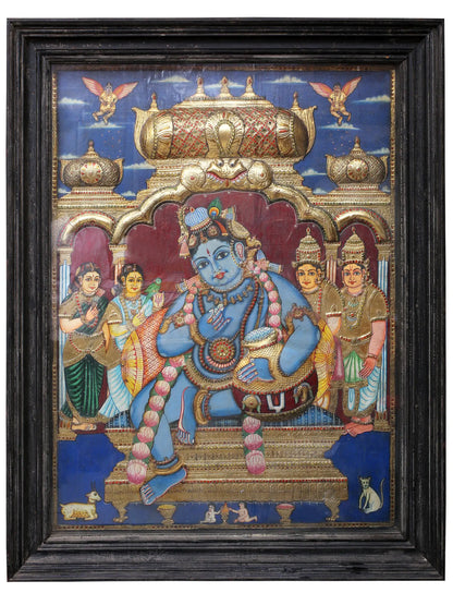Lord Krishna Eating Butter | Handmade Tanjore Painting | Traditional Colors With 24K Gold