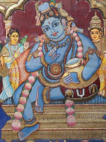 Lord Krishna Eating Butter | Handmade Tanjore Painting | Traditional Colors With 24K Gold