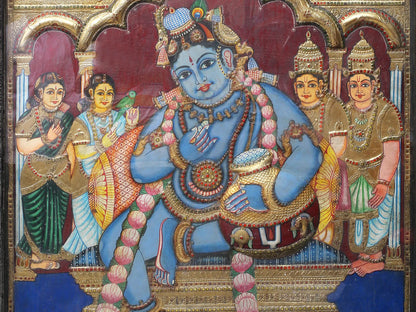 Lord Krishna Eating Butter | Handmade Tanjore Painting | Traditional Colors With 24K Gold