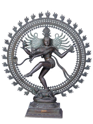 Large Nataraja in Ananda Tandava within Flaming Prabhavali in Panchaloha Bronze