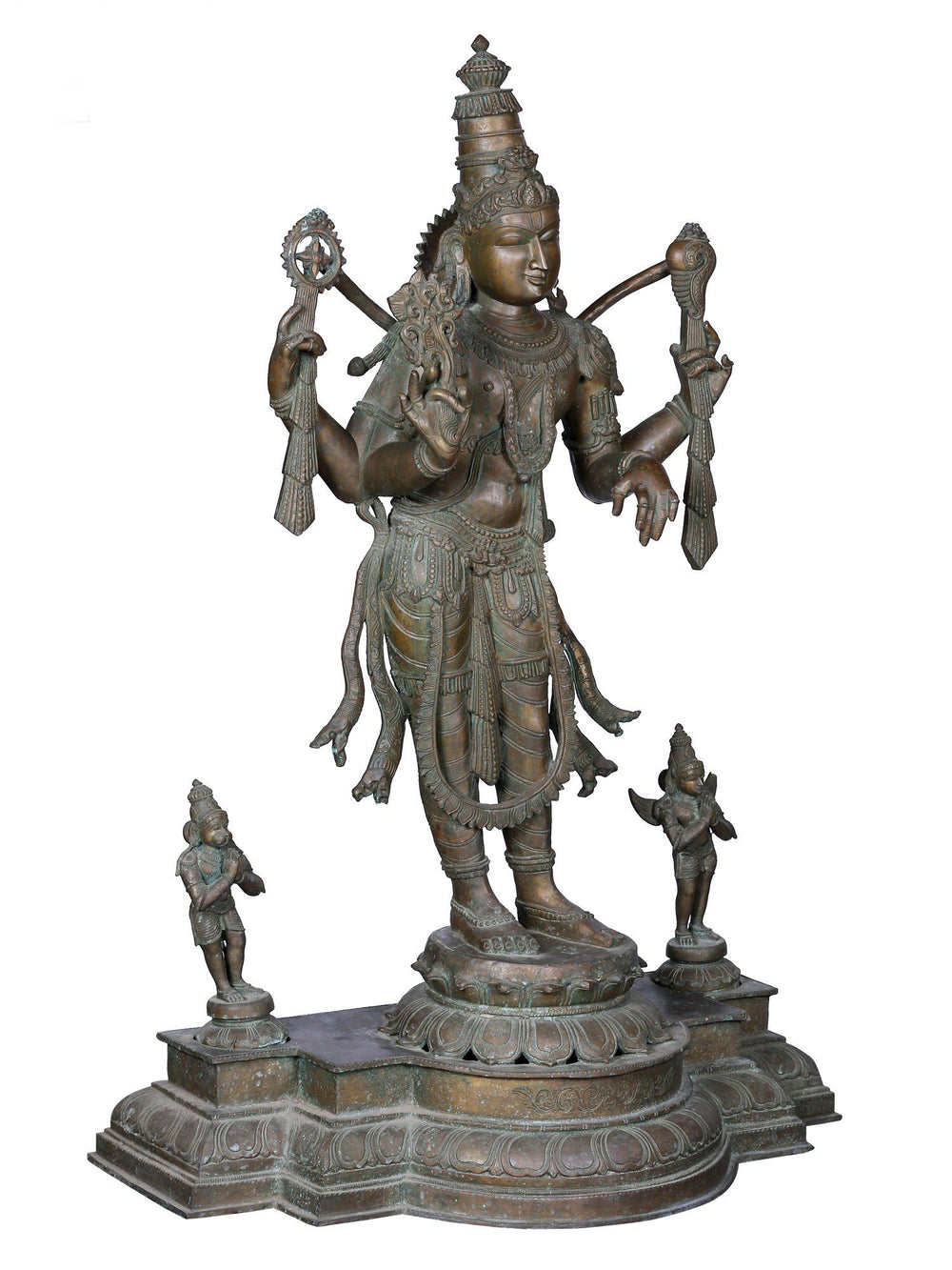 Chaturbhuja Vishnu with Garuda and Hanuman in Panchaloha Bronze – Swamimalai, Tamil Nadu