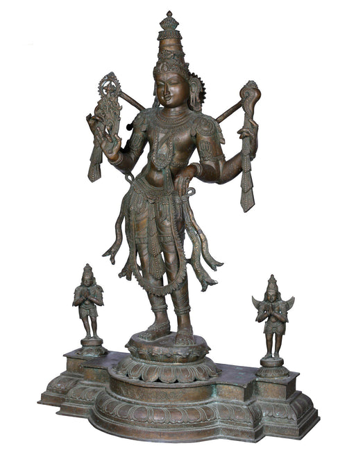 Chaturbhuja Vishnu with Garuda and Hanuman in Panchaloha Bronze – Swamimalai, Tamil Nadu