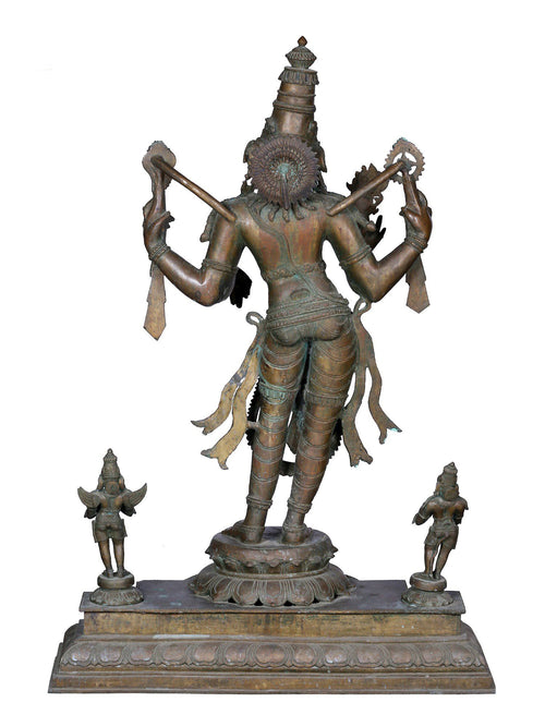 Chaturbhuja Vishnu with Garuda and Hanuman in Panchaloha Bronze – Swamimalai, Tamil Nadu
